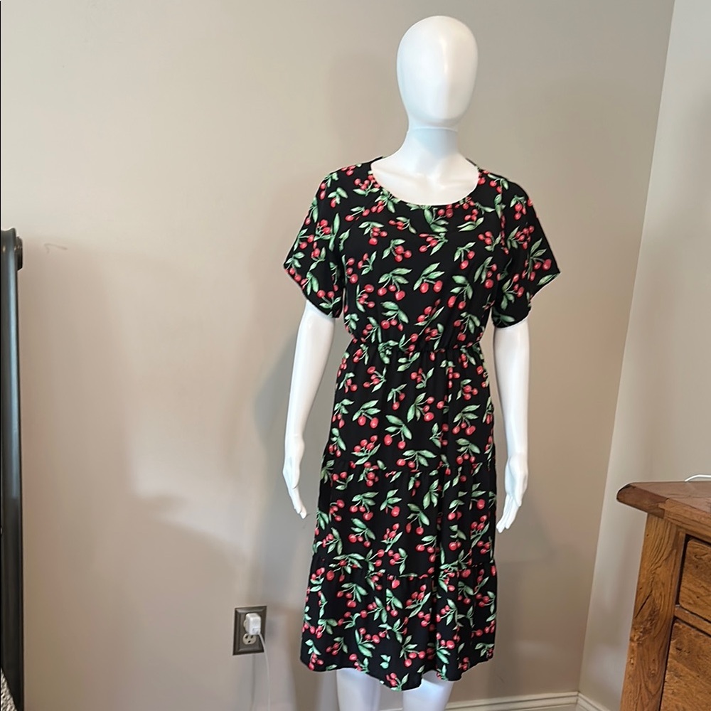 Red and Green Cherry Midi Sundress with Flutter Sleeves